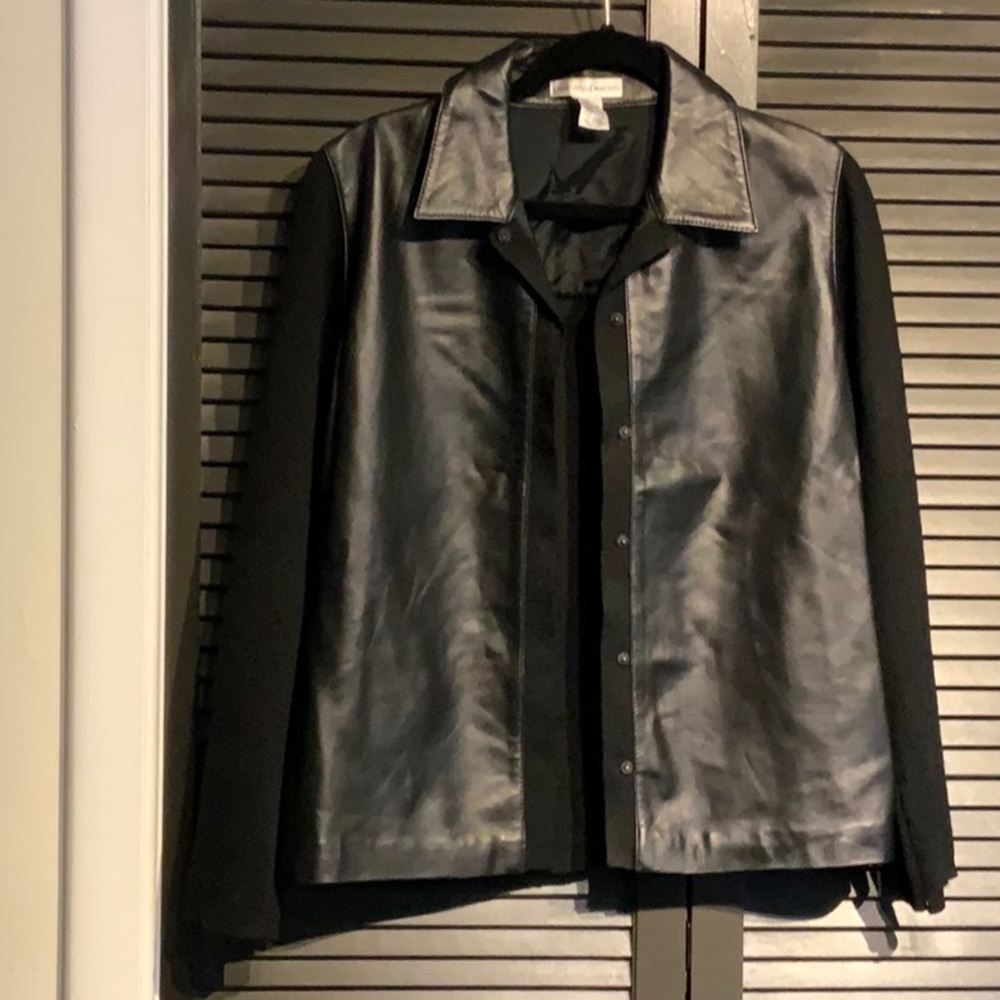 Diapers and Damons leather front knit cardigan.